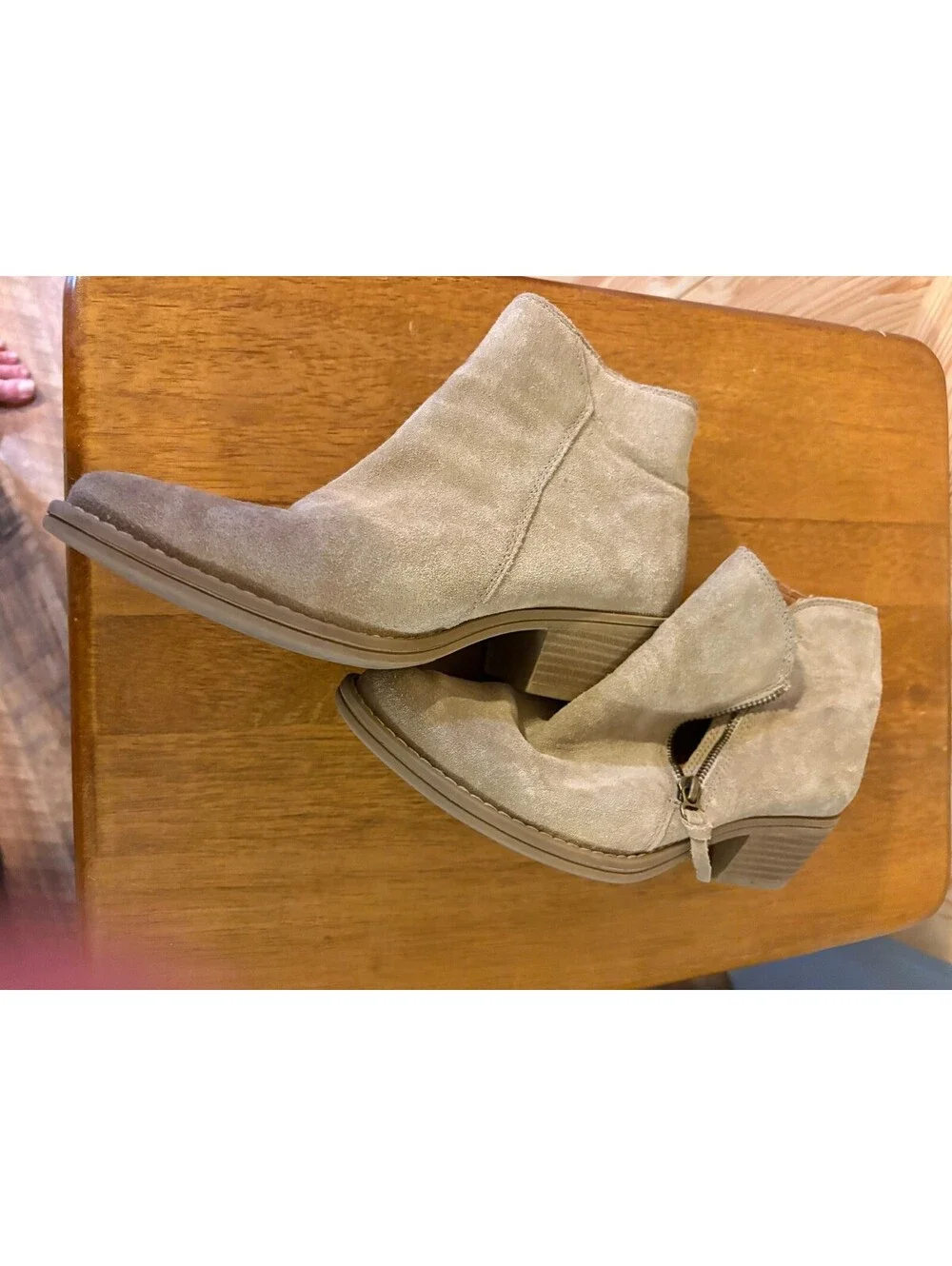 Beige Suede Ankle Boots with Side Zipper and Block Heel